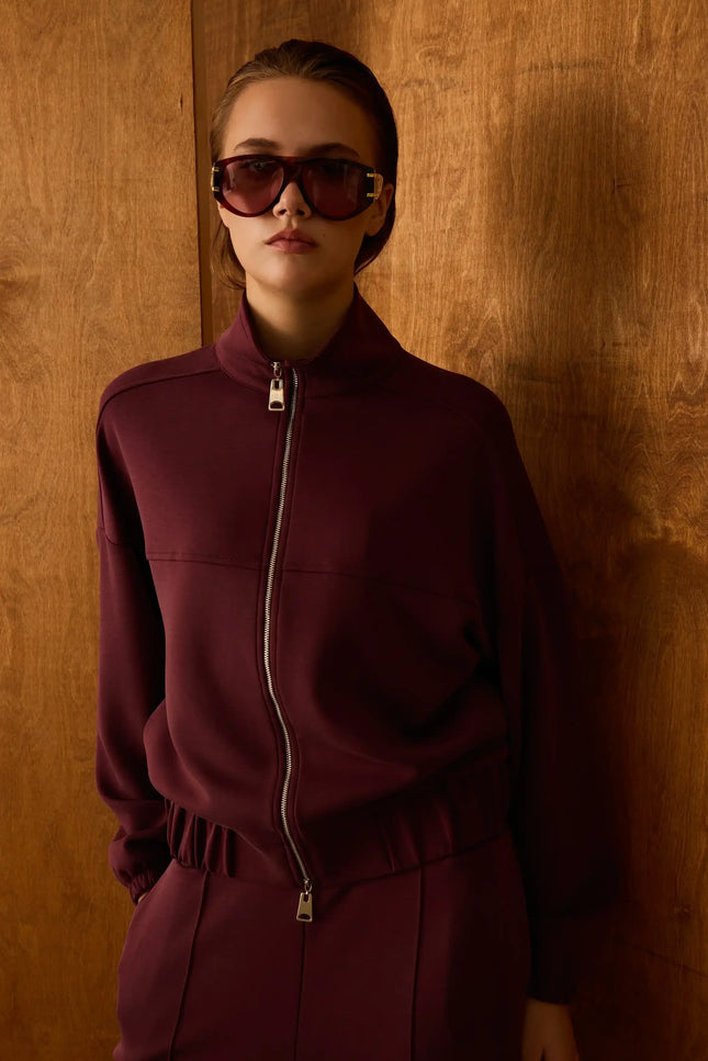 Bordo Fermuarlı Sweatshirt