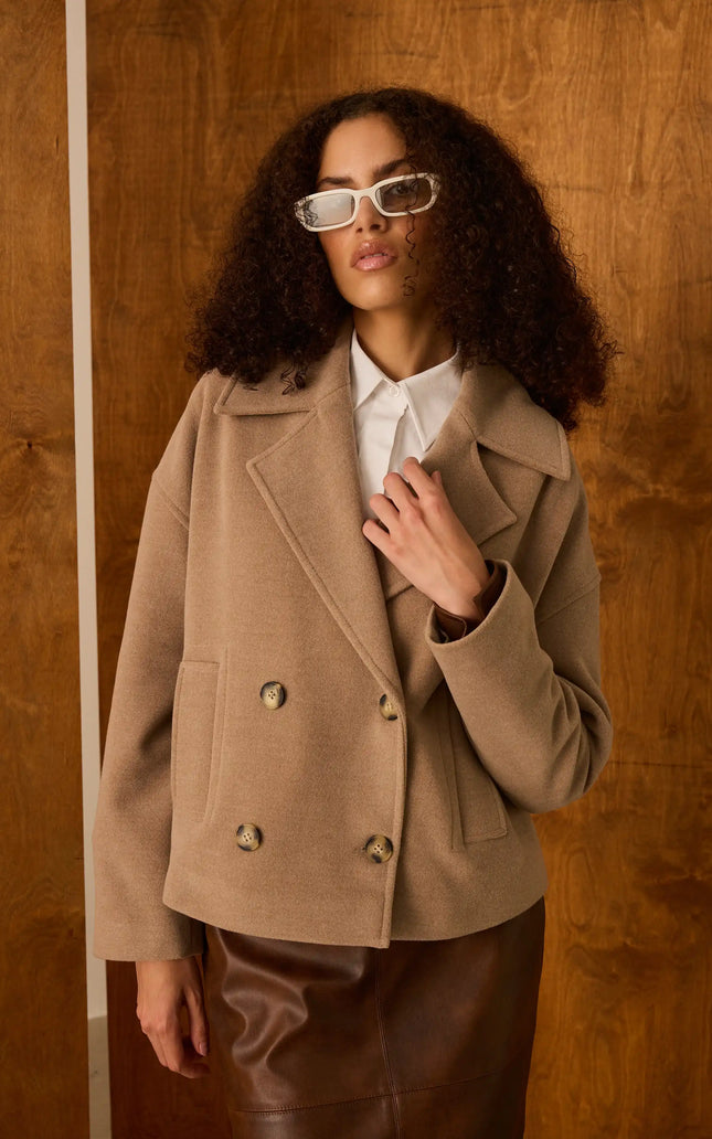 Camel Kruvaze Yaka Kısa Kaban