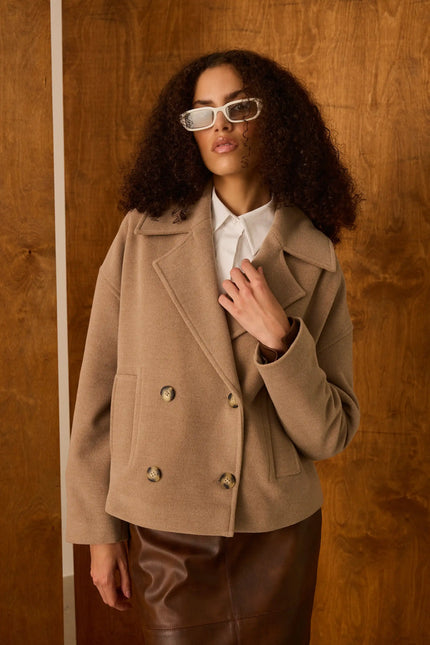 Camel Kruvaze Yaka Kısa Kaban