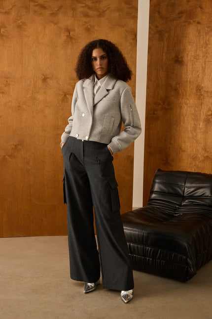 Gri Kruvaze Yaka Bomber Ceket