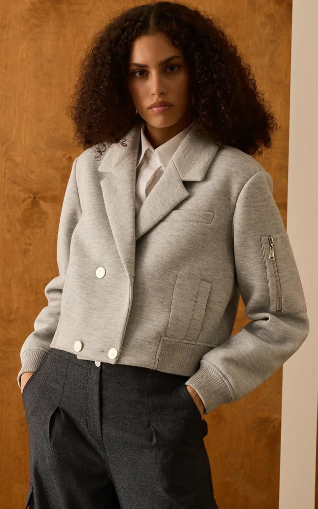 Gri Kruvaze Yaka Bomber Ceket