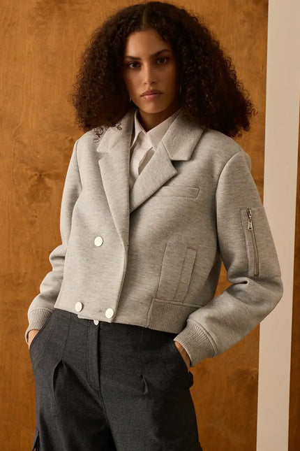 Gri Kruvaze Yaka Bomber Ceket