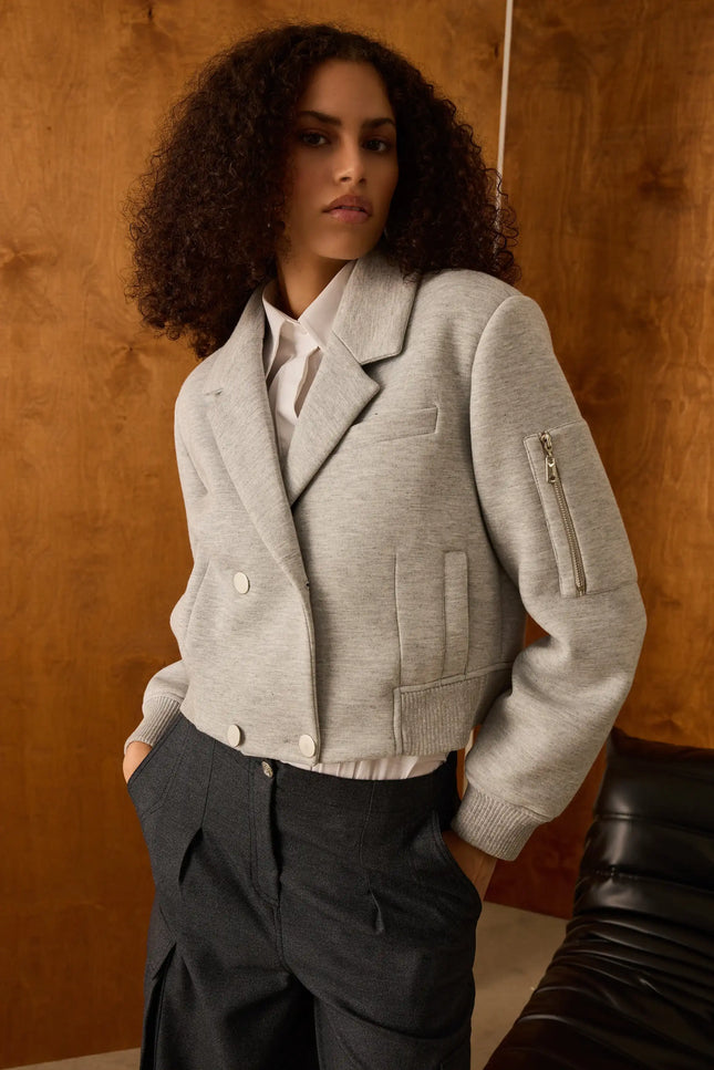 Gri Kruvaze Yaka Bomber Ceket