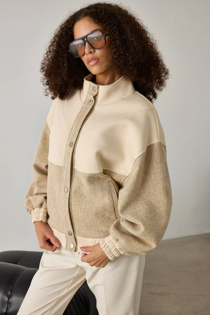 Bej Balıksırtı Desenli Bomber Ceket