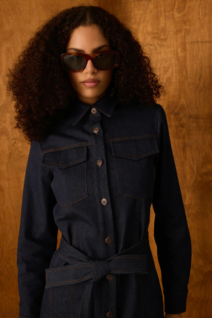 Kuşaklı Denim Elbise