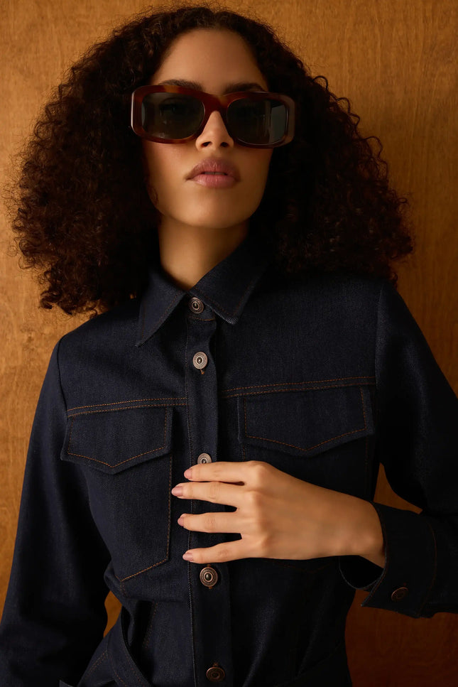 Kuşaklı Denim Elbise