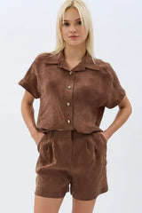 Cepli Düz Kesim Şort (Kahverengi)