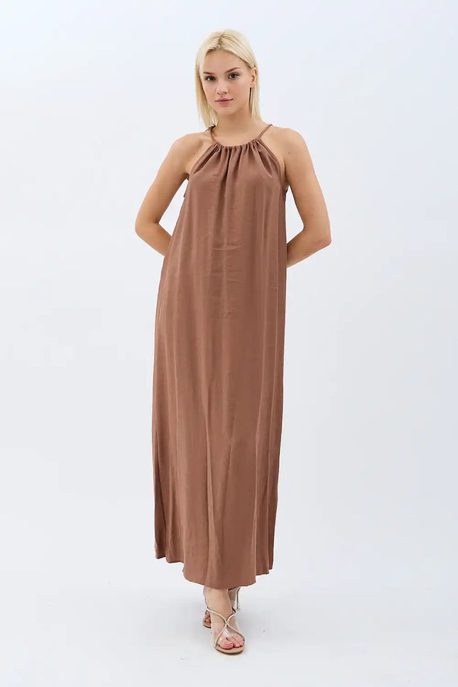 Boyundan Bağlamalı Maxi Elbise (Kahverengi)