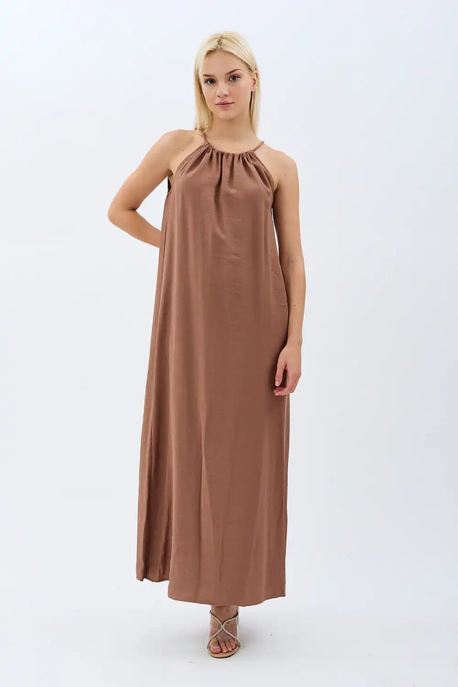 Boyundan Bağlamalı Maxi Elbise (Kahverengi)