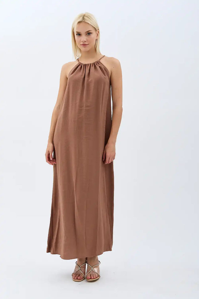 Boyundan Bağlamalı Maxi Elbise (Kahverengi)