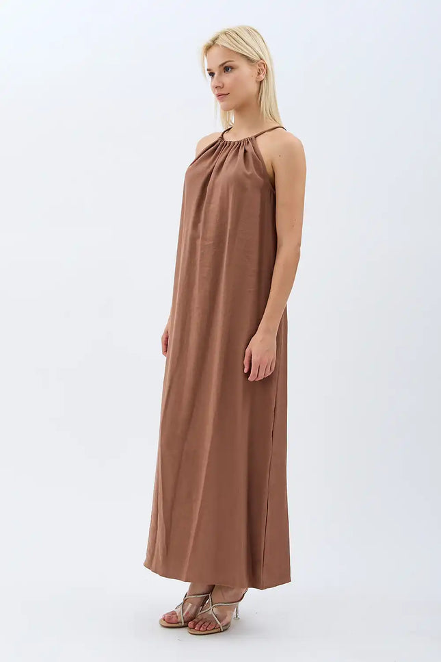 Boyundan Bağlamalı Maxi Elbise (Kahverengi)