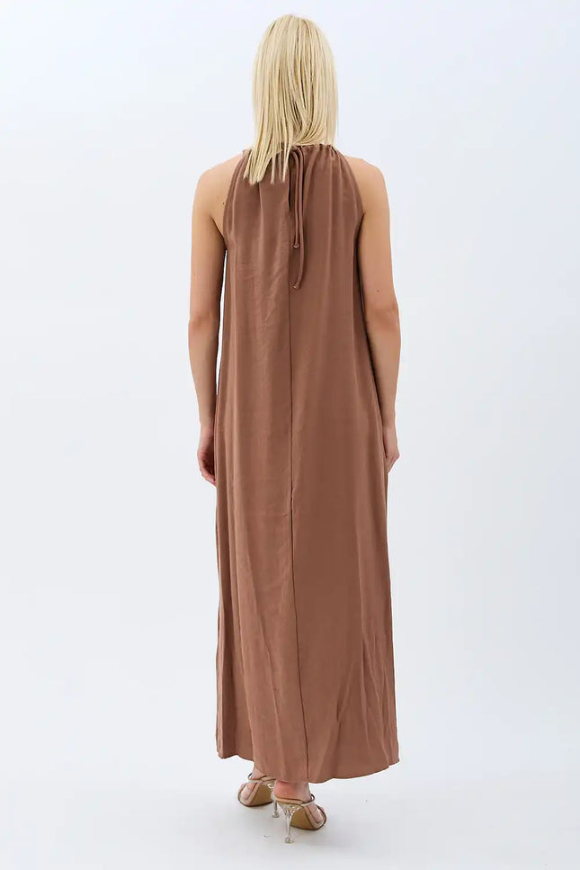 Boyundan Bağlamalı Maxi Elbise (Kahverengi)