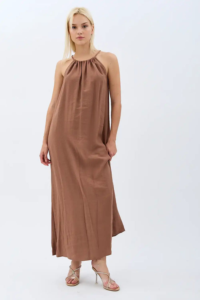 Boyundan Bağlamalı Maxi Elbise (Kahverengi)