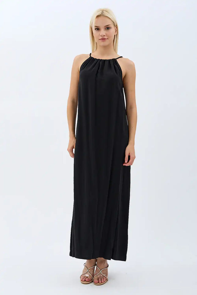 Boyundan Bağlamalı Maxi Elbise (Siyah)