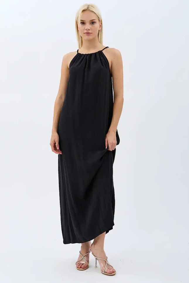 Boyundan Bağlamalı Maxi Elbise (Siyah)