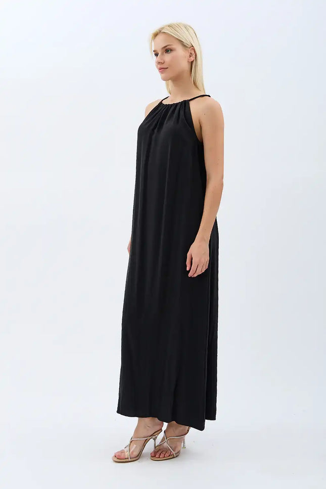 Boyundan Bağlamalı Maxi Elbise (Siyah)