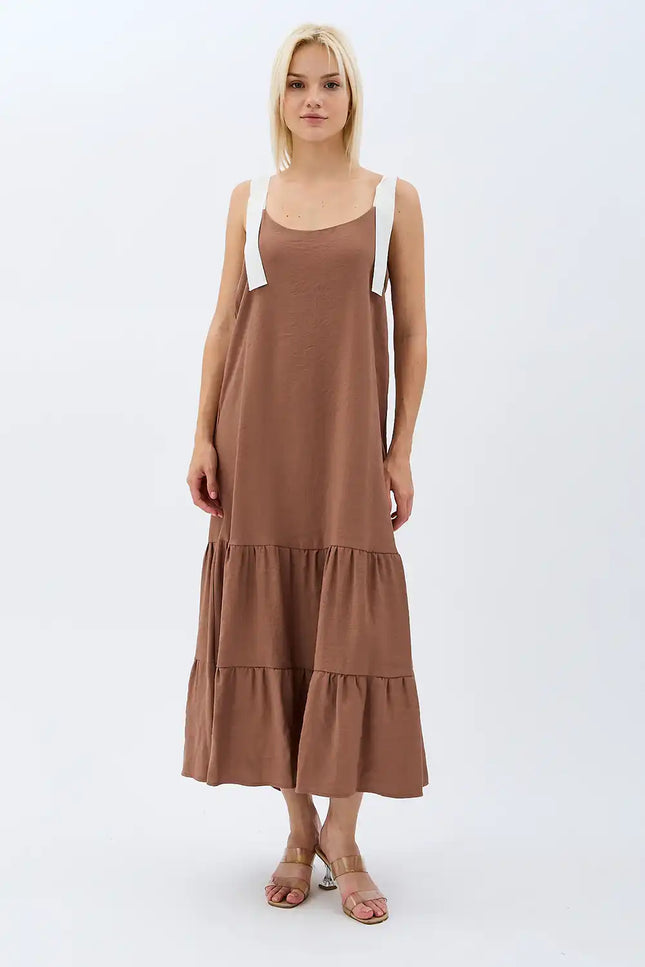Askılı Maxi Boy Salaş Elbise (Kahverengi)
