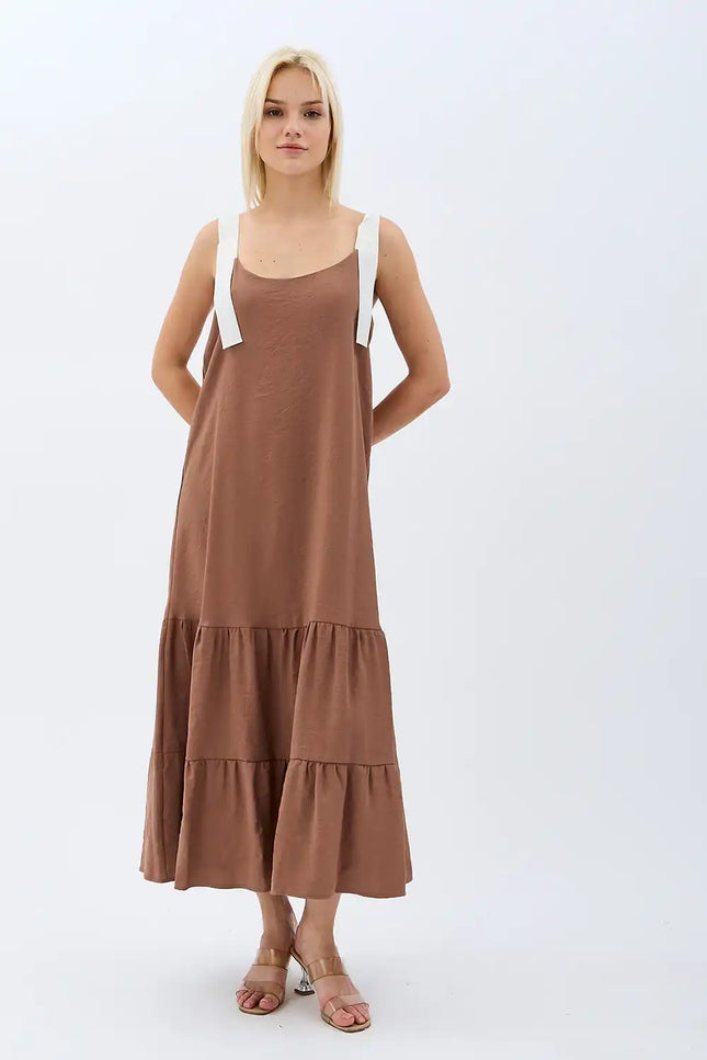 Askılı Maxi Boy Salaş Elbise (Kahverengi)