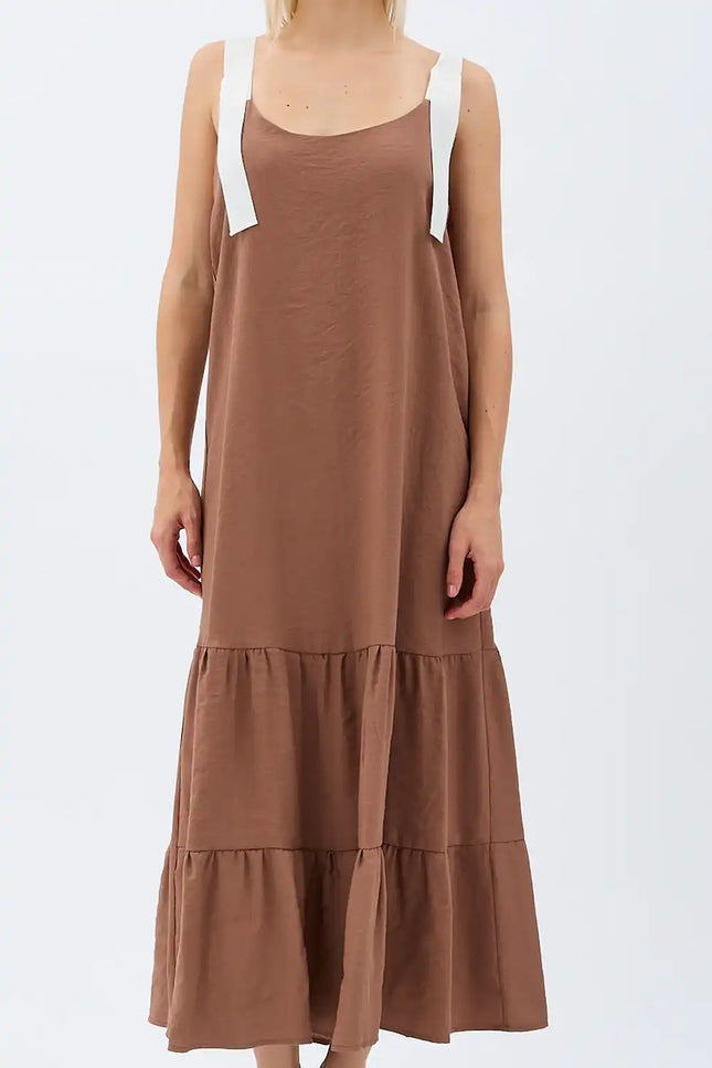 Askılı Maxi Boy Salaş Elbise (Kahverengi)
