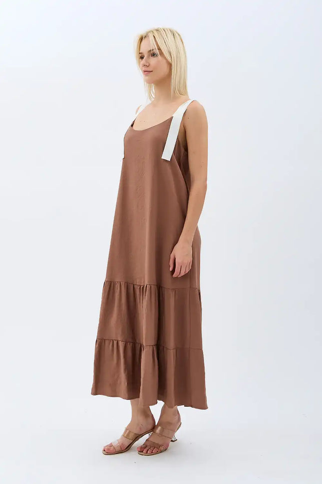 Askılı Maxi Boy Salaş Elbise (Kahverengi)