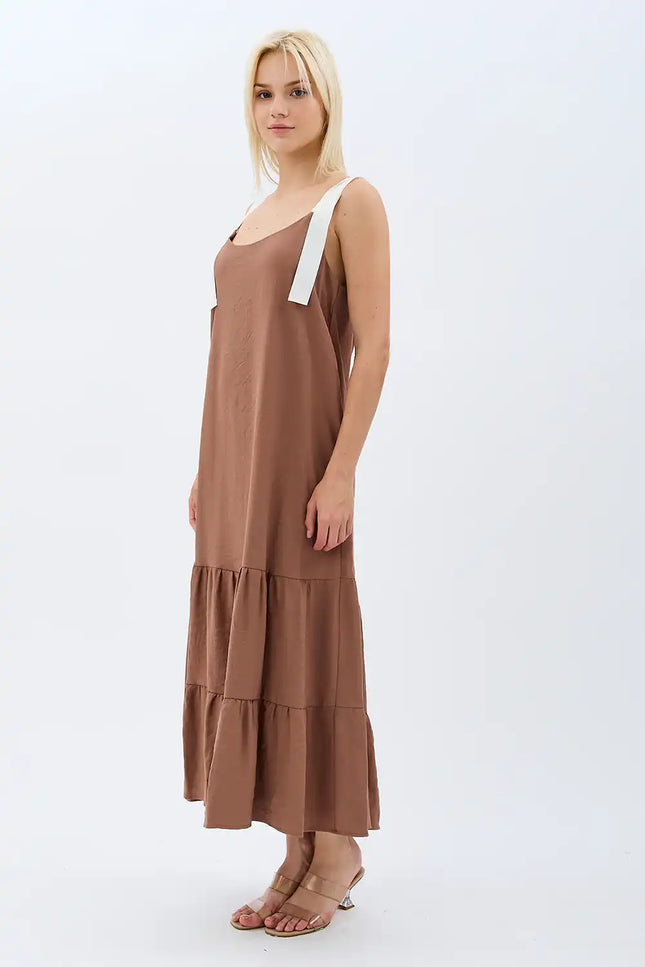Askılı Maxi Boy Salaş Elbise (Kahverengi)
