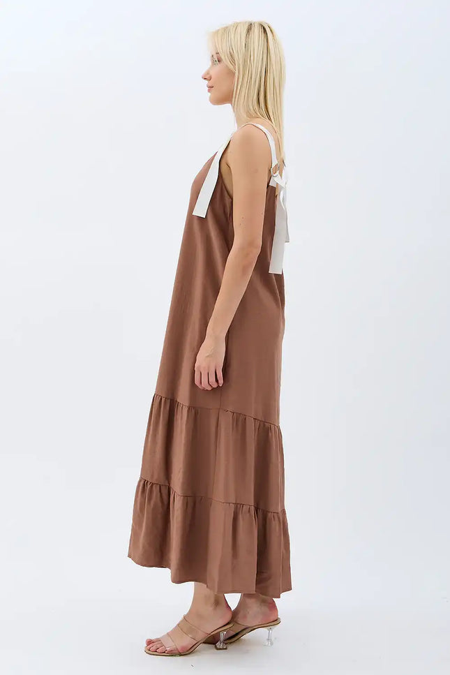 Askılı Maxi Boy Salaş Elbise (Kahverengi)