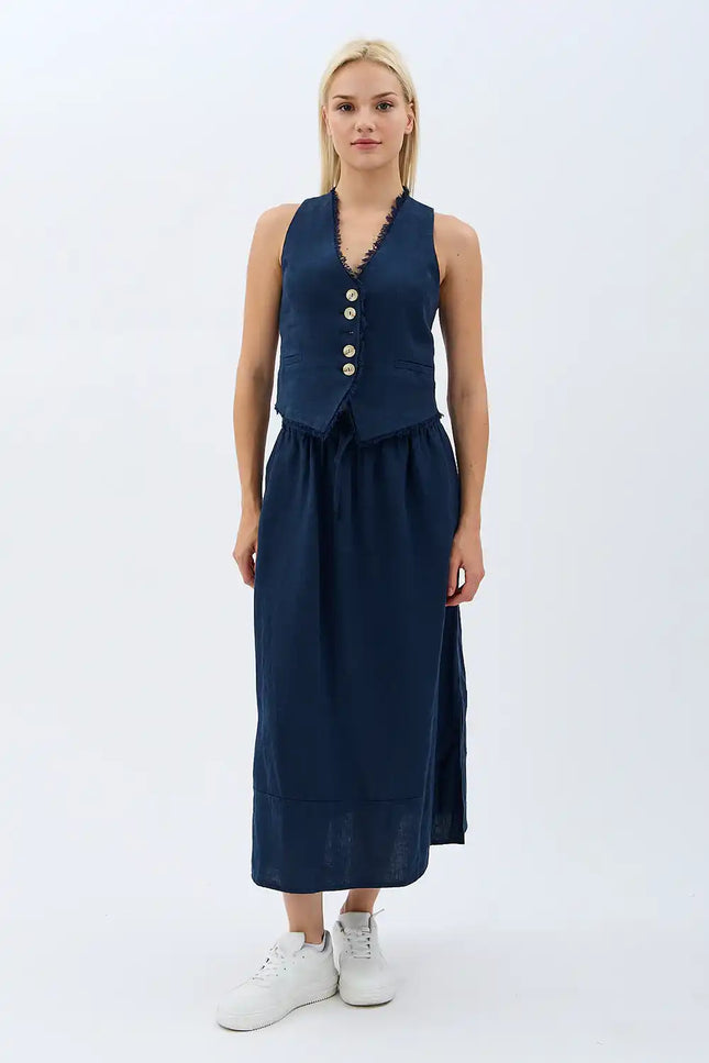 Tasarım Düğmeli Keten Yelek (Lacivert)