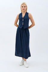 Saçak Detaylı Keten Etek (Lacivert)