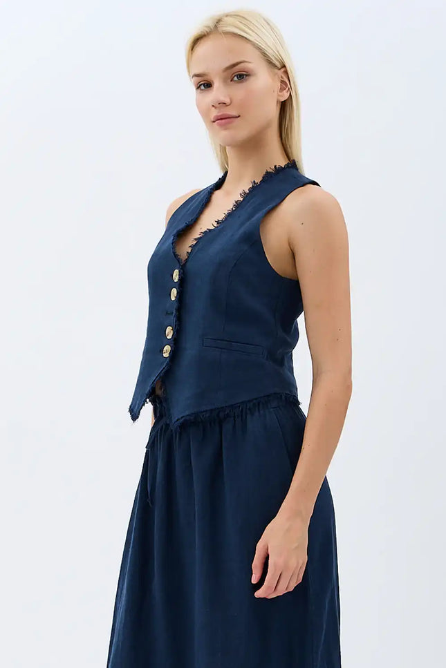 Tasarım Düğmeli Keten Yelek (Lacivert)