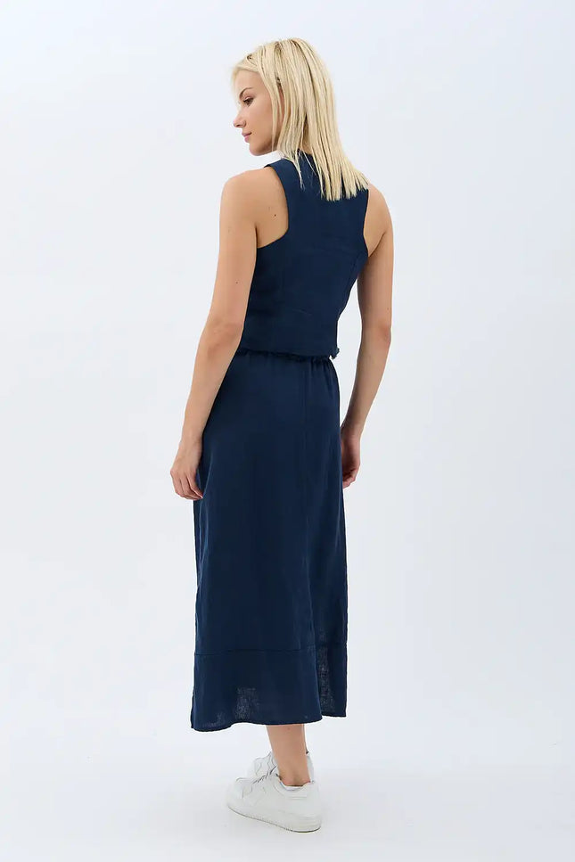 Tasarım Düğmeli Keten Yelek (Lacivert)