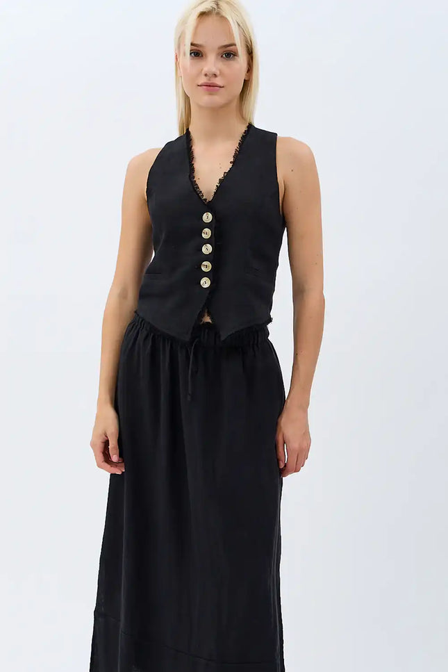 Saçaklı Keten Yelek (Siyah)