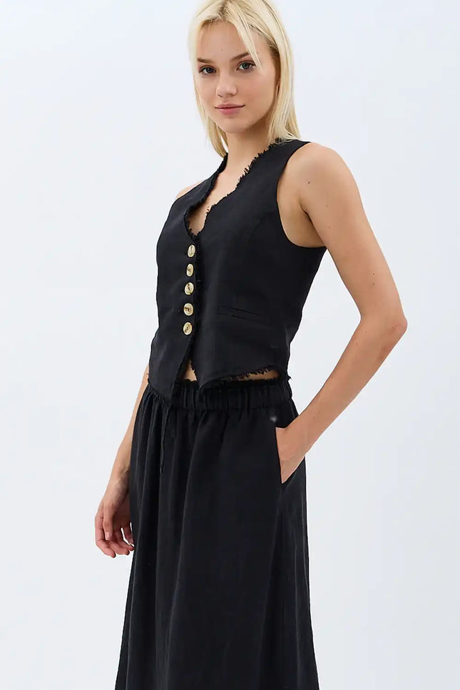 Saçaklı Keten Yelek (Siyah)