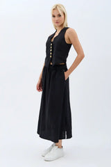 Saçak Detaylı Keten Etek (Siyah)