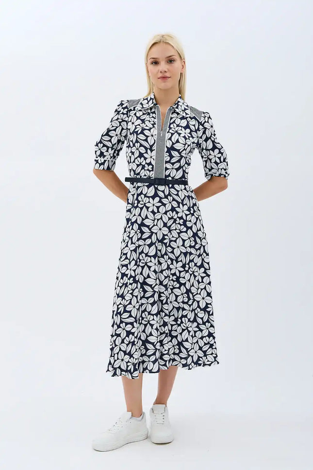 Yaprak Desenli Kemerli Gömlek Elbise (Siyah)