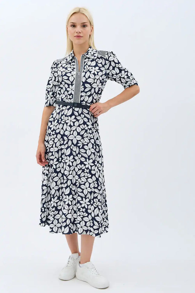 Yaprak Desenli Kemerli Gömlek Elbise (Siyah)