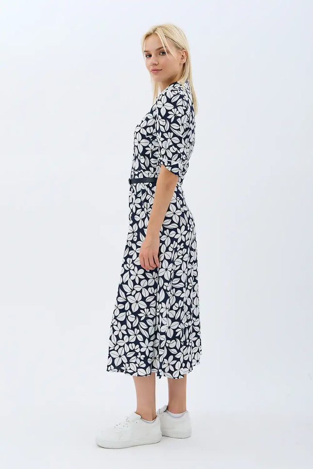 Yaprak Desenli Kemerli Gömlek Elbise (Siyah)