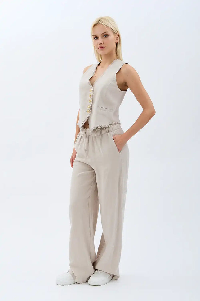 Tasarım Düğmeli Keten Yelek (Krem)