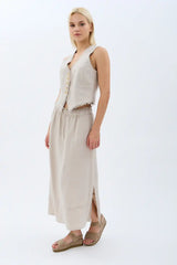 Saçak Detaylı Keten Etek (Krem)