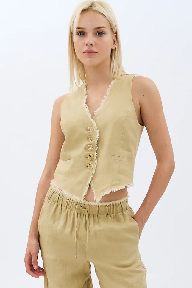 Saçaklı Keten Yelek (Bej)