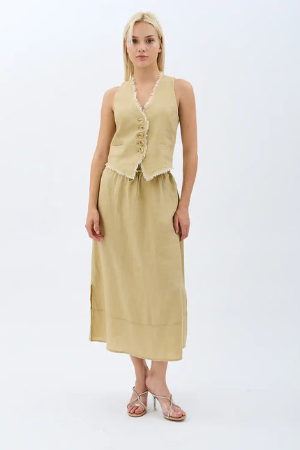 Saçak Detaylı Keten Etek (Bej)