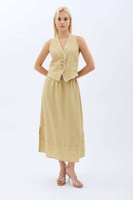 Saçak Detaylı Keten Etek (Bej)