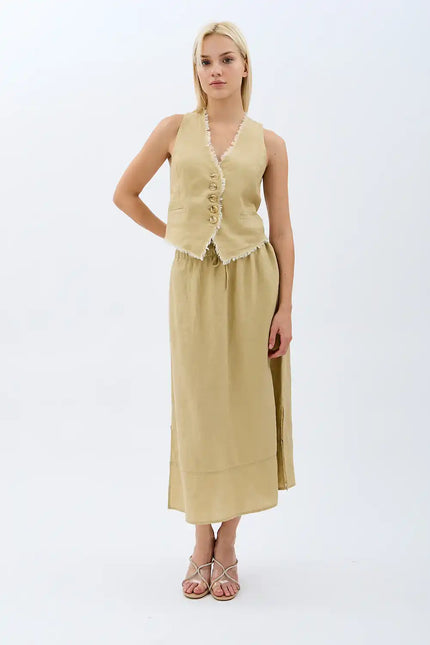 Saçak Detaylı Keten Etek (Bej)