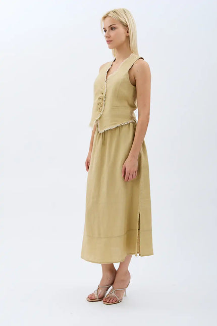 Saçak Detaylı Keten Etek (Bej)