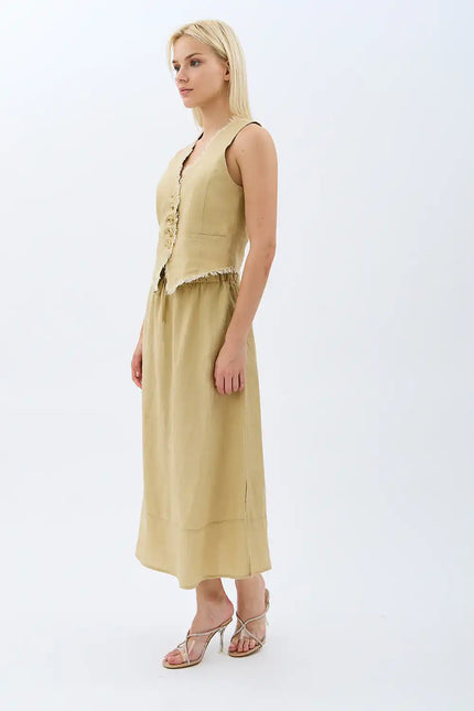 Saçak Detaylı Keten Etek (Bej)