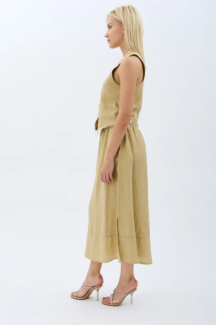 Saçak Detaylı Keten Etek (Bej)