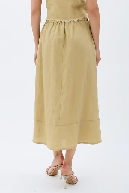 Saçak Detaylı Keten Etek (Bej)
