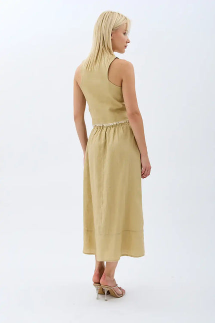 Saçak Detaylı Keten Etek (Bej)