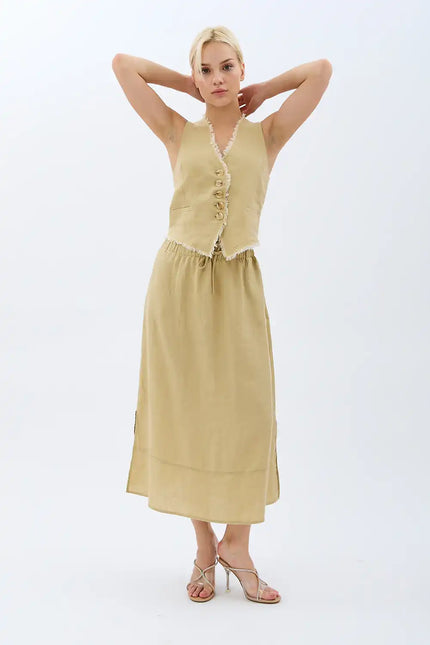 Saçak Detaylı Keten Etek (Bej)