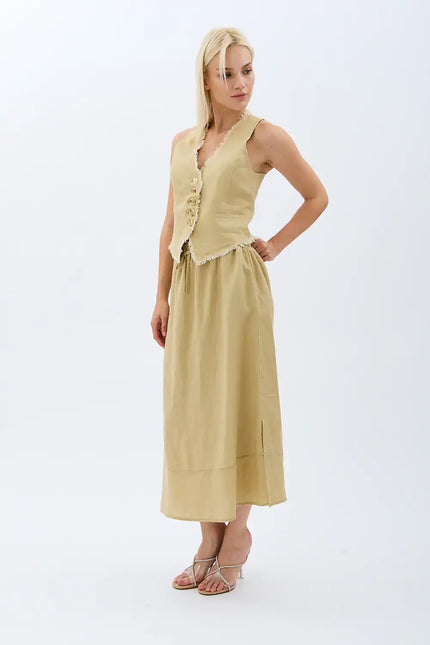 Saçak Detaylı Keten Etek (Bej)