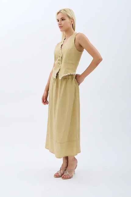 Saçak Detaylı Keten Etek (Bej)